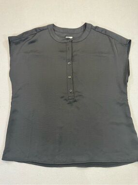 Womens Black Button-Front Satin Cap Sleeve Top